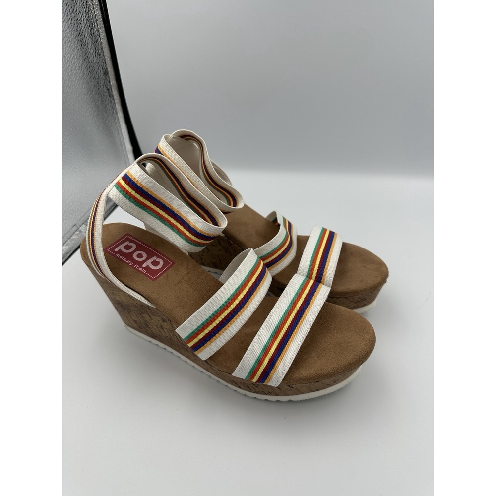 POP Perfection Rainbow Strappy Wedge Sandals, Size 8.5, 3.5" Cork Heel